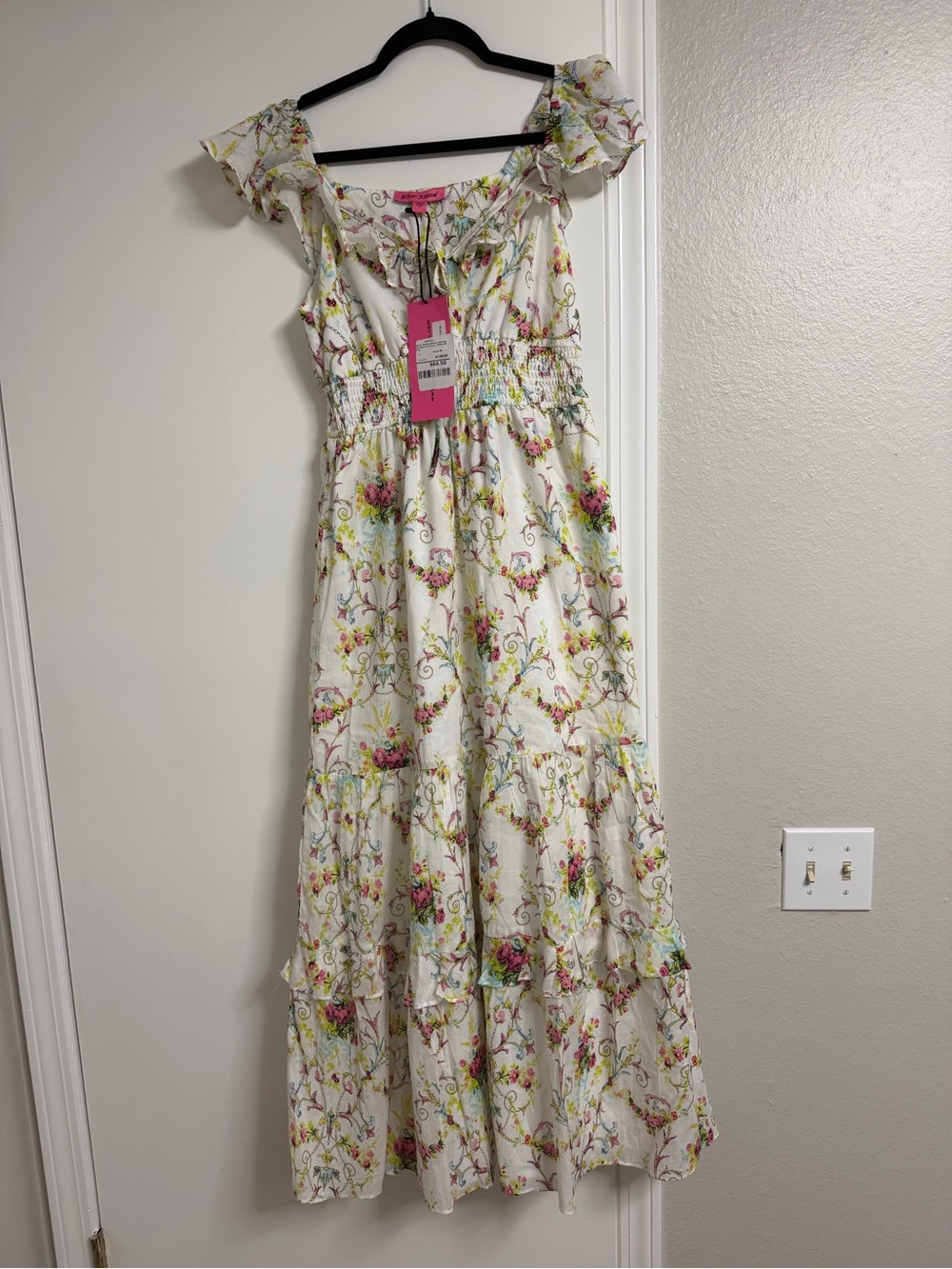 Betsey Johnson Women’s Floral White Maxi Dress with Pink Accents